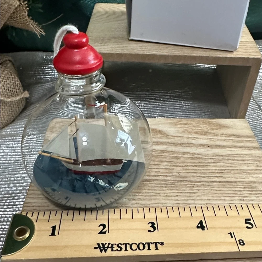 Crate & Barrel Ship-In-A-Bottle Glass Christmas Ornament Nautical